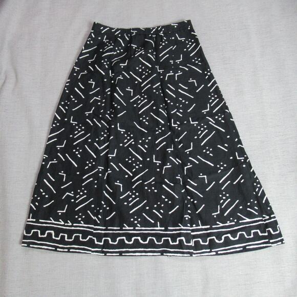 WHISTLES Skirt Womens Sz 8 Black Kuba Print 100% Linen Button Front Midi Tribal - Picture 3 of 10